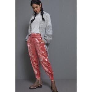 ANTHROPOLOGIE ROSIE Pink EMBROIDERED VELVET JOGGERS Extra Small